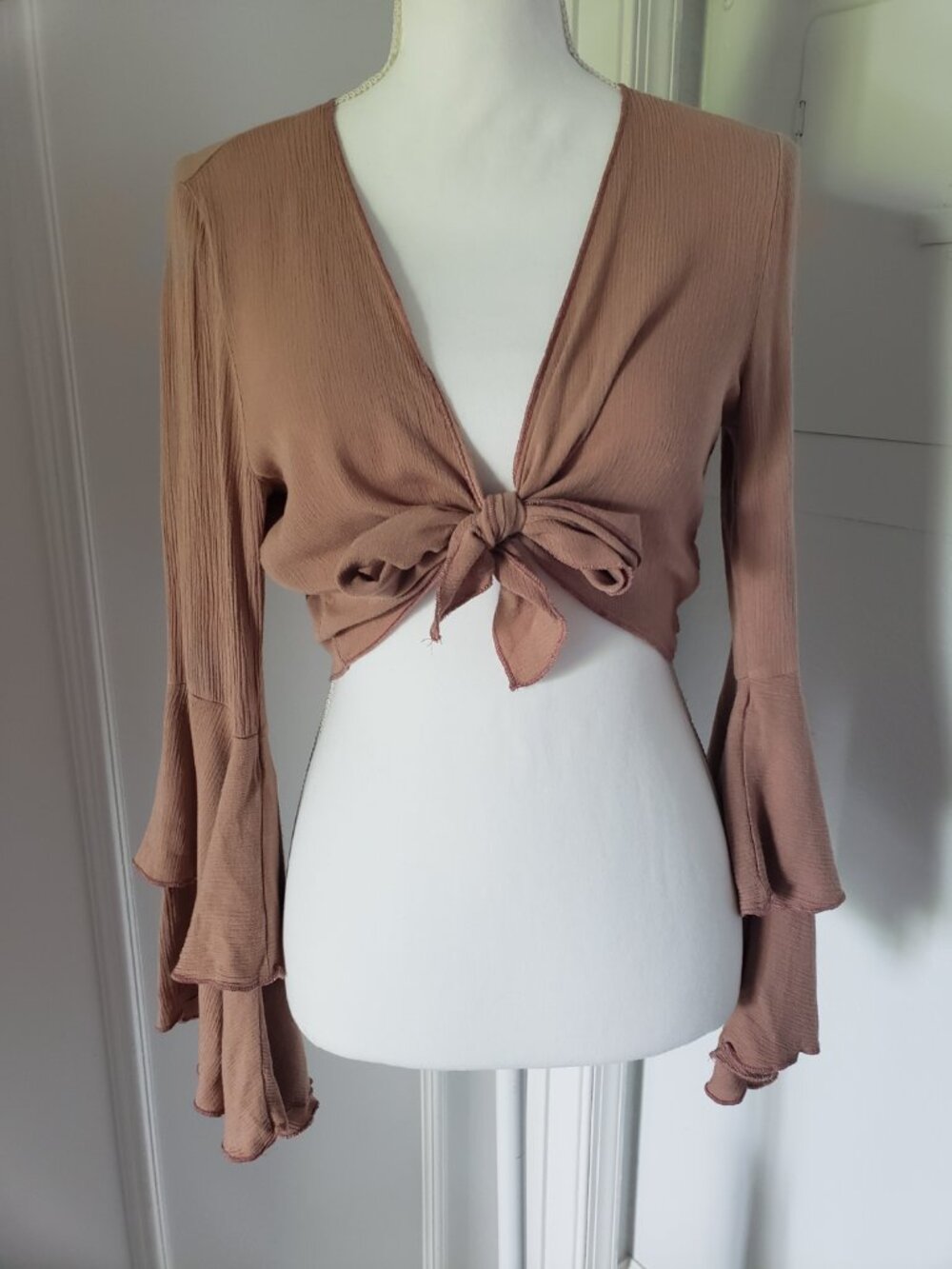 Fall Tie-Front Ruffle Sleeve Crop Top - Picture 2 of 7